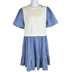 VOY Blue Chambray Dress Cream Textured Overlay Puff Sleeve Tiered Skirt M NWT
